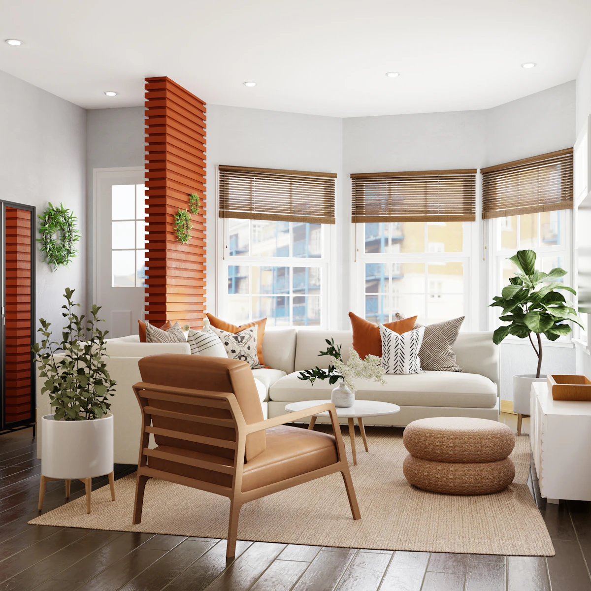 A bright living room with a white sectional sofa