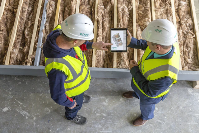 Two construction workers in hard hats reviewing plans on a tablet beside insulated wall framing